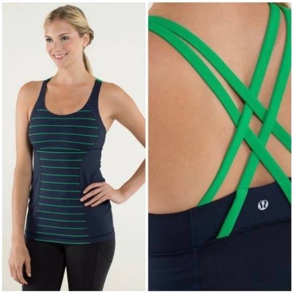 Lululemon Energy Tank Green Stripe Strappy Tank Top Size 2 - Picture 1 of 4